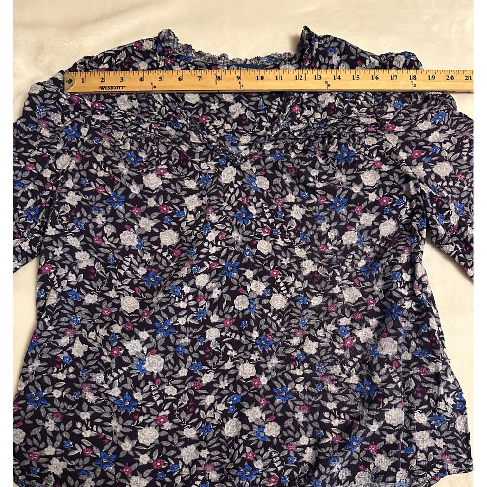 Democracy Womens Floral V-Neck Ruffle Blouse Blue 3/4 Sleeve Top L Cottagecore - Picture 13 of 16